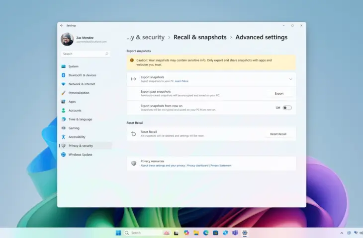 Microsoft teste la fonction d’exportation dans Recall
