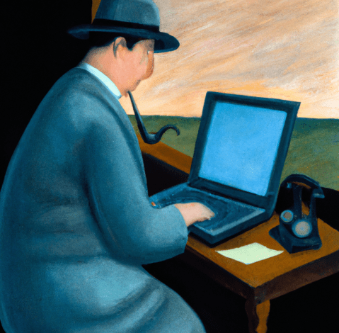 DALL·E 2022-09-29 09.39.10 - an oil painting of magritte typing on laptop (2)